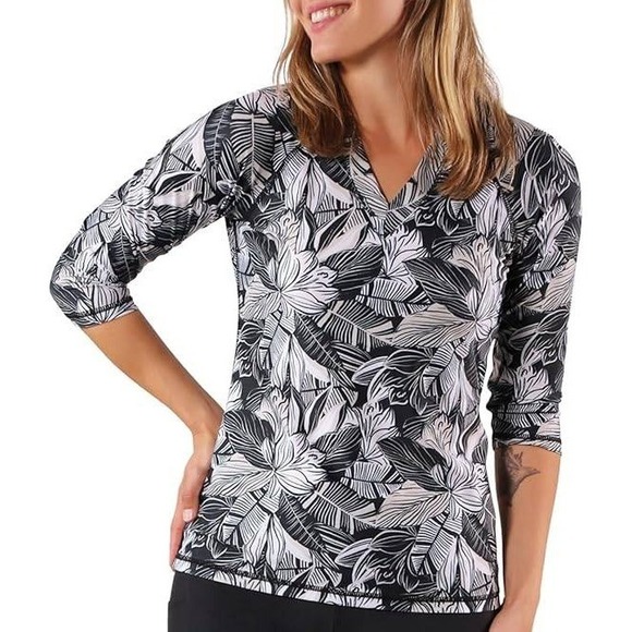UV SKINZ UPF 50+ Sunwear Top Black White Leaf Floral 3/4 Sleeve Rash Guard EUC M - Picture 1 of 9